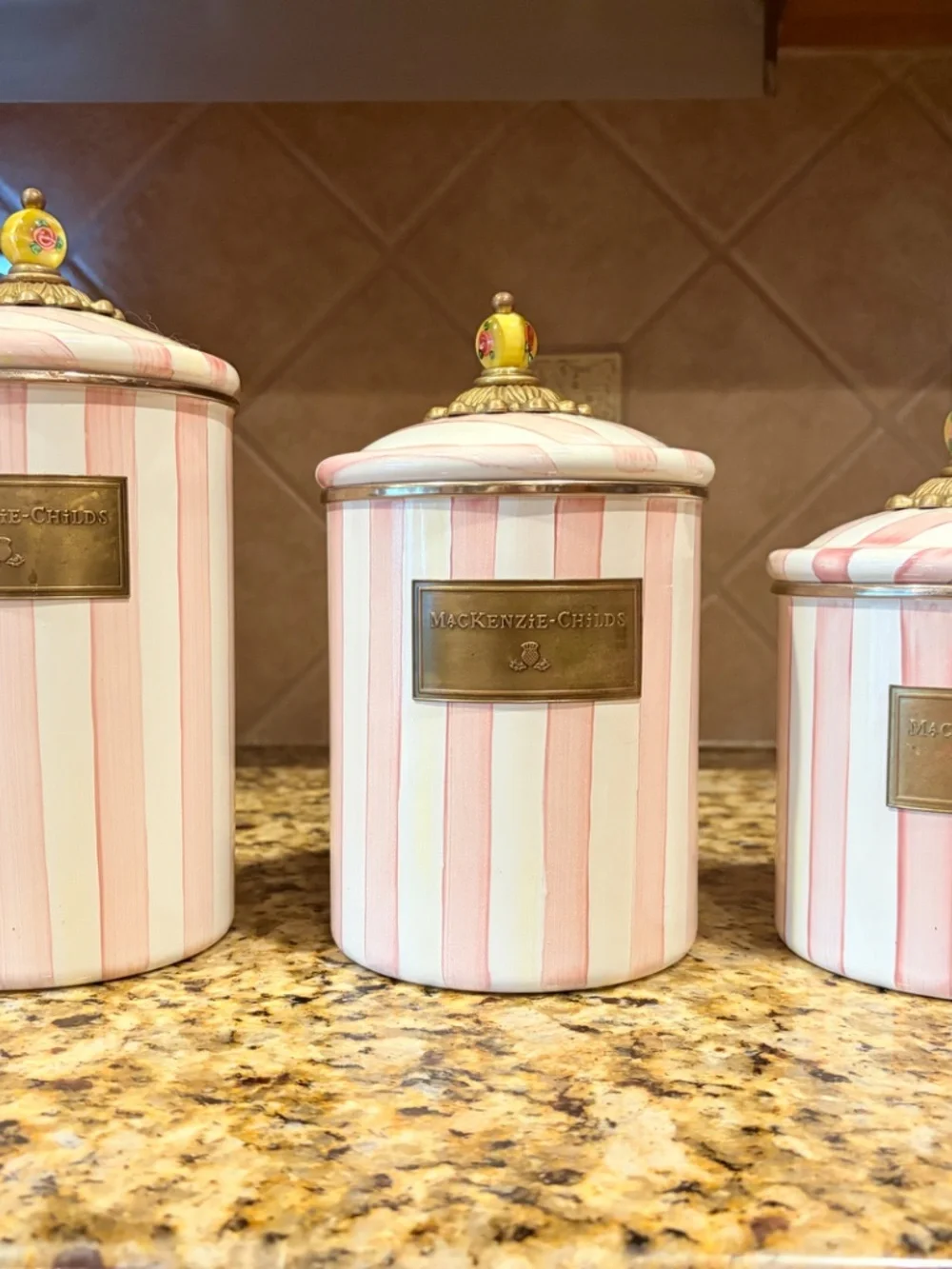 Rare & retired! Mackenzie Childs Bathing Hut canister set Pink White Stripe